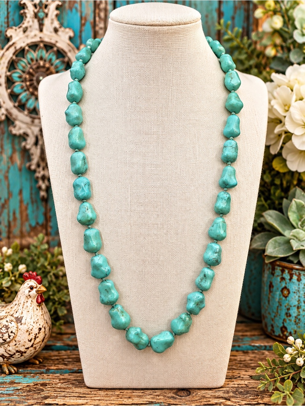 Turquoise Seafoam Green Nugget Bead 28 inch Necklace 925 Silver tested